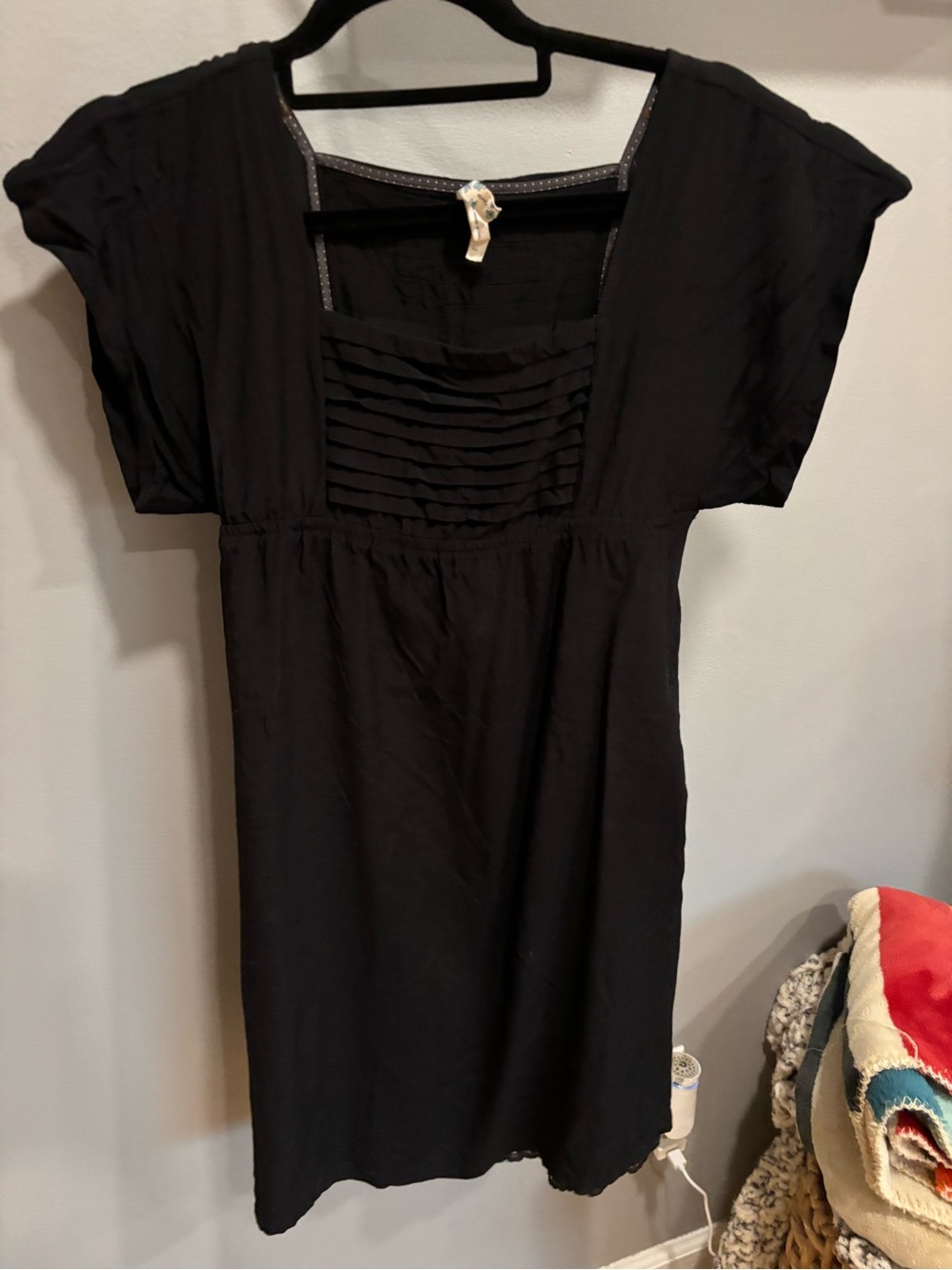Maeve Anthropologie Black Pintuck Square Neck Rayon Mini Dress Size XS